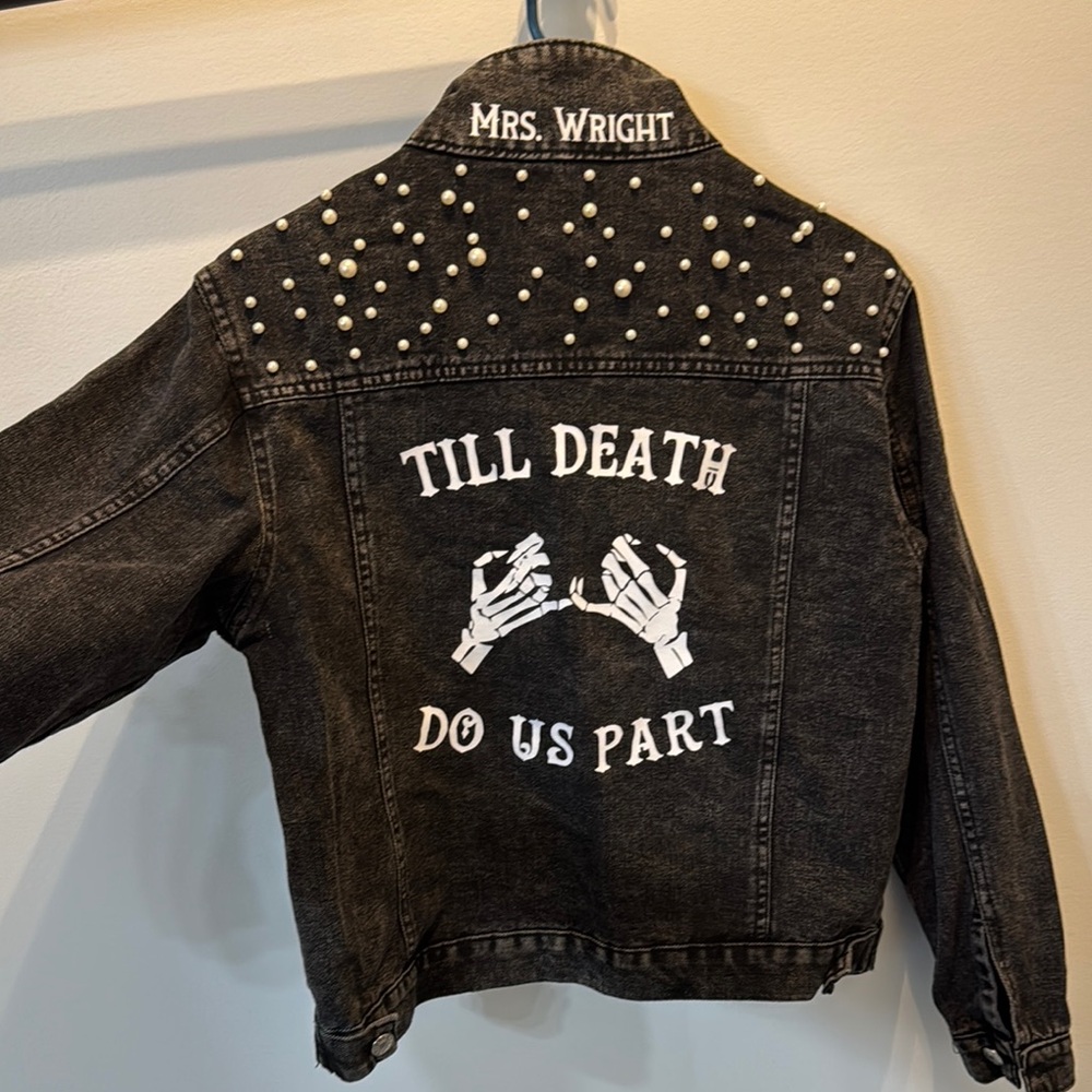Edgy Black Denim Jacket with Pearls and Death Do Us Part - Picture 3 of 4